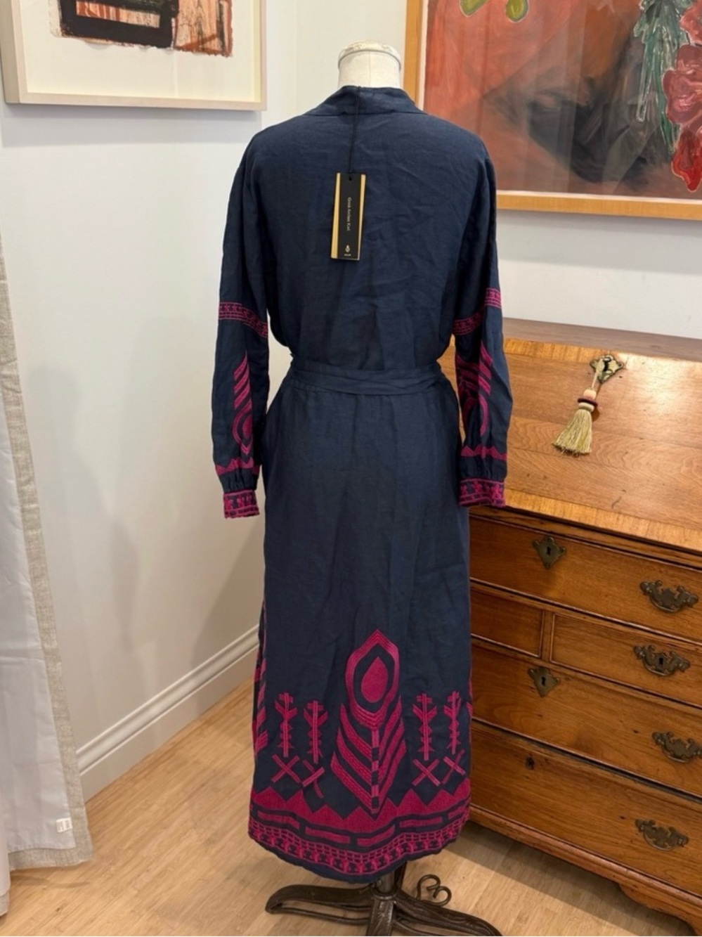 Greek Archaic Kori Feather Linen MIDI Dress Navy NWT - Picture 9 of 11